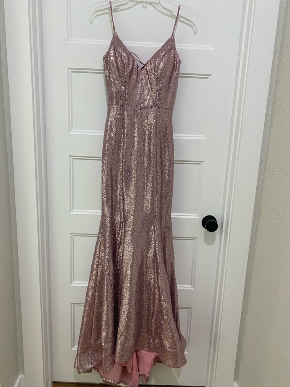 Sequin Spaghetti-Strap Prom Dress in Rose Gold. Ellie Wilde.